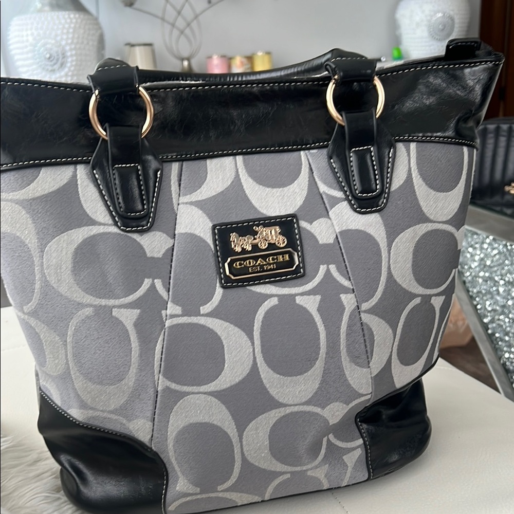 Coach Black and Gray Signature Tote with Gold Accents